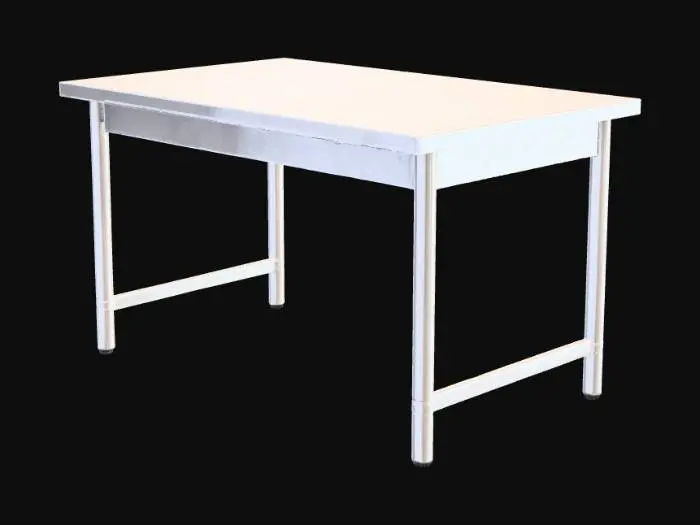 3D model for Una mesa de laboratorio de superficie lisa y resistente, diseñada con líneas limpias y funcionales. La encimera es de un material laminado o resina fenólica de color gris claro o blanco, no poroso y altamente resistente a químicos y arañazos. Su estructura es robusta, con patas de metal tubular de acero inoxidable pulido o con recubrimiento en polvo oscuro, que le otorgan estabilidad y durabilidad. Presenta bordes rectos y un aspecto utilitario.
