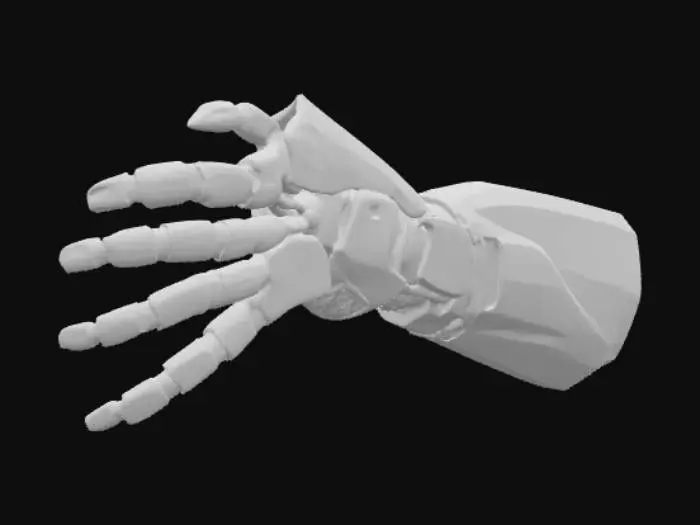 3D model for Un brazo protésico robótico de aspecto futurista, con una carcasa exterior lisa de aleación de titanio pulido en tonos gris plata, que refleja la luz. Las uniones están marcadas por segmentos articulados que revelan cables y actuadores hidráulicos de color negro mate, sugiriendo flexibilidad y fuerza. La textura es metálica y fría al tacto, con algunos paneles que podrían ser de goma antideslizante para un mejor agarre.