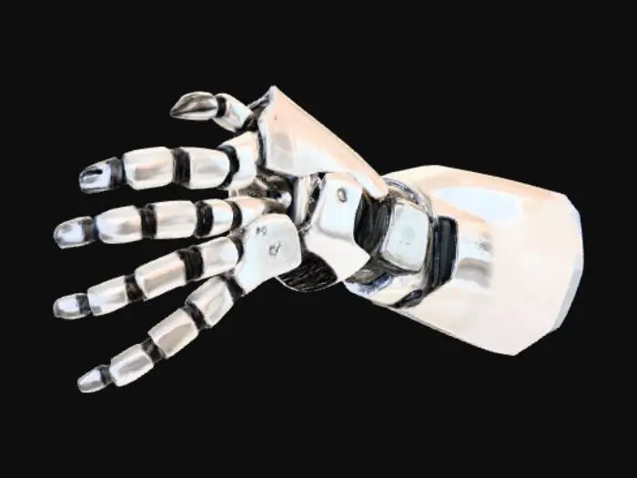 3D model for Un brazo protésico robótico de aspecto futurista, con una carcasa exterior lisa de aleación de titanio pulido en tonos gris plata, que refleja la luz. Las uniones están marcadas por segmentos articulados que revelan cables y actuadores hidráulicos de color negro mate, sugiriendo flexibilidad y fuerza. La textura es metálica y fría al tacto, con algunos paneles que podrían ser de goma antideslizante para un mejor agarre.