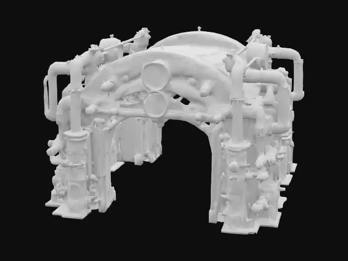 3D model for #arch#, monumental Steampunk Metallic Arch with a robust, visible framework of riveted steel beams, evoking industrial grandeur and Victorian elegance. Utilize a rich palette of aged brass, darkened steel, and polished copper, complemented by distressed leather and reinforced glass, all featuring a varied, aged patina. Integrate dynamic piping, exposed gears, brass-rimmed gauges, and warm Edison bulb lighting, suggesting complex internal mechanisms and the flow of mysterious energy. Include intricate vents, exhausts, and control panels to enhance its functional, active feel, telling a story of ingenious alternate-past engineering.