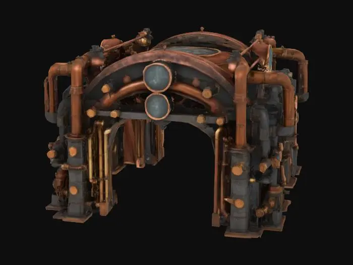 3D model for #arch#, monumental Steampunk Metallic Arch with a robust, visible framework of riveted steel beams, evoking industrial grandeur and Victorian elegance. Utilize a rich palette of aged brass, darkened steel, and polished copper, complemented by distressed leather and reinforced glass, all featuring a varied, aged patina. Integrate dynamic piping, exposed gears, brass-rimmed gauges, and warm Edison bulb lighting, suggesting complex internal mechanisms and the flow of mysterious energy. Include intricate vents, exhausts, and control panels to enhance its functional, active feel, telling a story of ingenious alternate-past engineering.