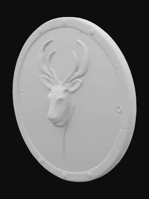 3D model for a one-hand woody shield, flat, with a warrior deer emblem carved, highly detailed, high resolution texture