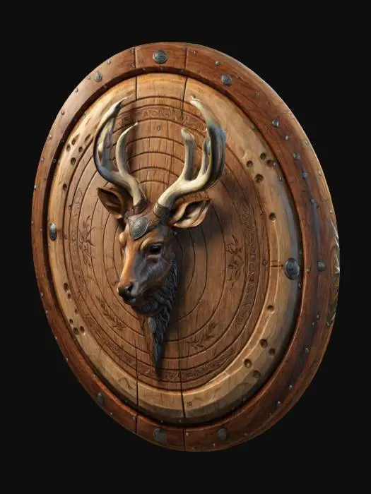 3D model for a one-hand woody shield, flat, with a warrior deer emblem carved, highly detailed, high resolution texture