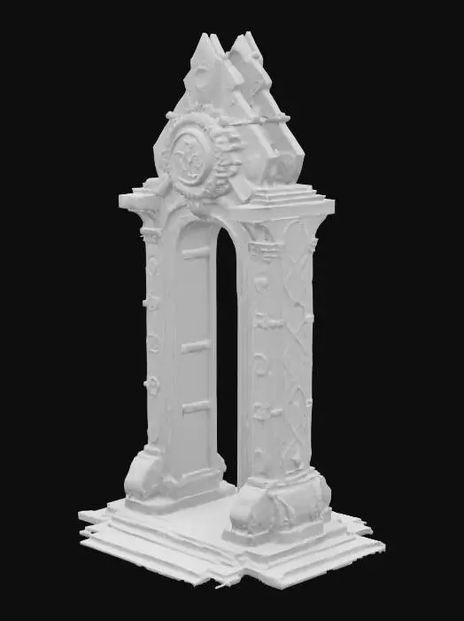 3D model for alien futuristic arch, covered in ancient artefacts and alien mystical writings. Majestic and breathtaking, similar to a Wonder of an ancient world. Highly detailed, high resolution texture