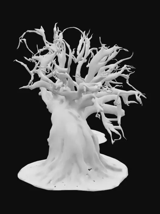 3D model for spooky tree, natural shape, large width, blocking path like a 7 meters long wall
