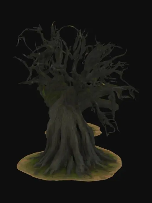 3D model for spooky tree, natural shape, large width, blocking path like a 7 meters long wall
