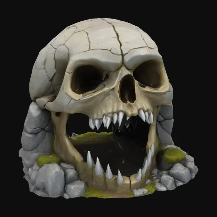 3D model for skull shaped stone cavern entry, wide open. fantasy, RPG, realist cartoon
