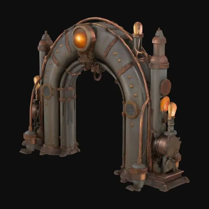 3D model for #arch#, monumental Steampunk Metallic Arch with a robust, visible framework of riveted steel beams, evoking industrial grandeur and Victorian elegance. Utilize a rich palette of aged brass, darkened steel, and polished copper, complemented by distressed leather and reinforced glass, all featuring a varied, aged patina. Integrate dynamic piping, exposed gears, brass-rimmed gauges, and warm Edison bulb lighting, suggesting complex internal mechanisms and the flow of mysterious energy. Include intricate vents, exhausts, and control panels to enhance its functional, active feel, telling a story of ingenious alternate-past engineering.