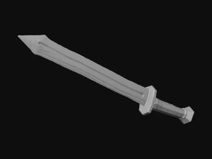 3D model for Stylized low-poly iron shortsword, clean topology, simple geometry, short blade, slightly wide tip, metal blade with subtle wear, dark leather-wrapped handle, minimal details, Roblox-friendly proportions, no ornate decorations, optimized for games.