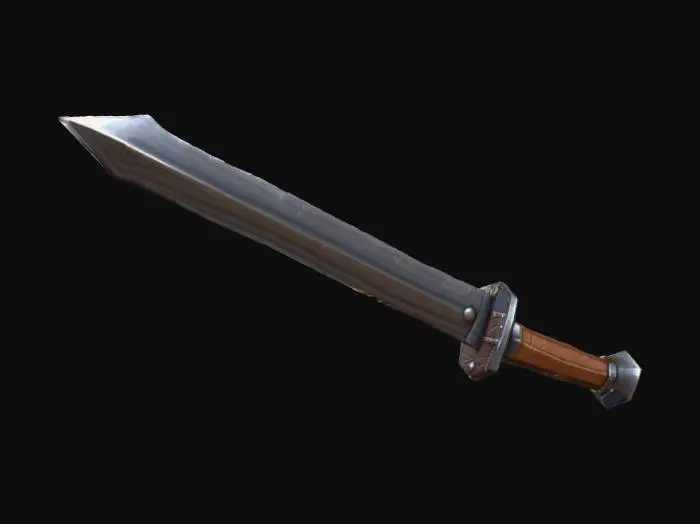3D model for Stylized low-poly iron shortsword, clean topology, simple geometry, short blade, slightly wide tip, metal blade with subtle wear, dark leather-wrapped handle, minimal details, Roblox-friendly proportions, no ornate decorations, optimized for games.