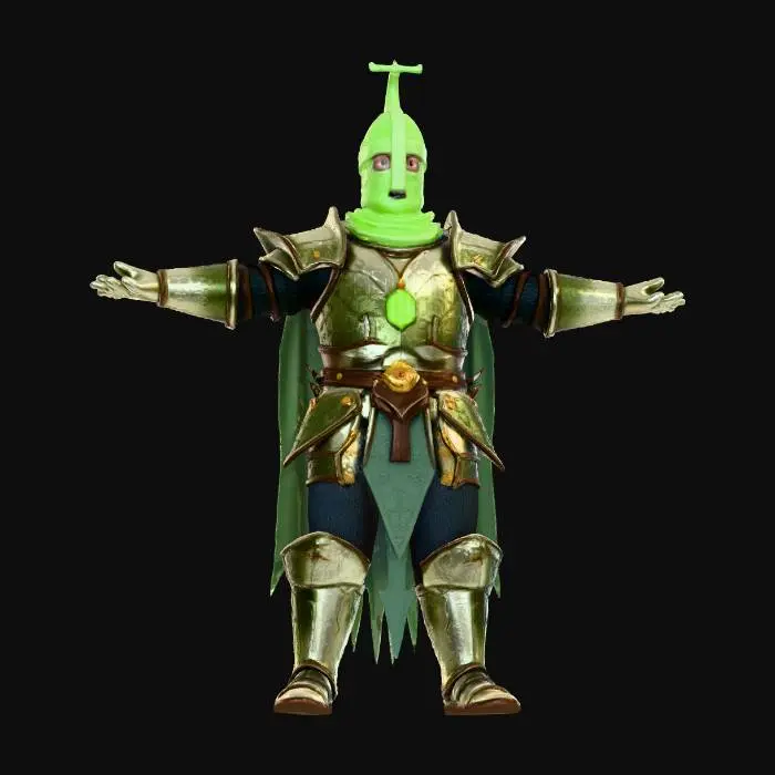 3D model for humanoid medival warrior wearing everything made of pickles, full pickle armor, full pickle helmet, full pickle everything, no weapons, pickle shaped neckless