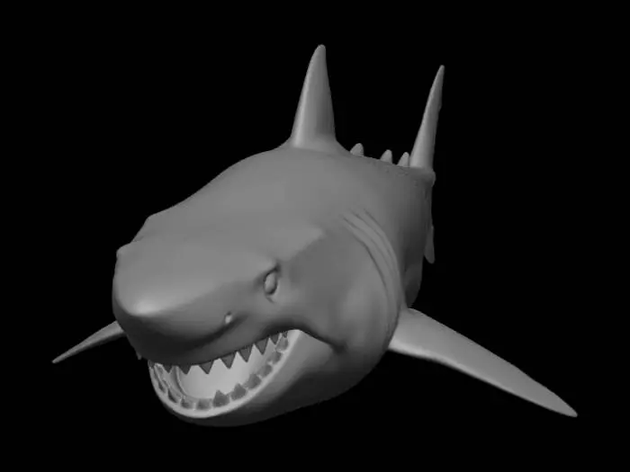 3D model for realistic great white shark, mouth wide open, dark eyes, muscular body, gray blue skin,ultra detailed, photorealistic, high poly 3D model