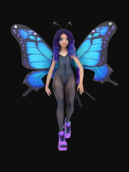 3D model for a female that has long black and purple hair with giant blue and teal butterfly wings. She is wearing a blank leotard and has on purple roller-skates