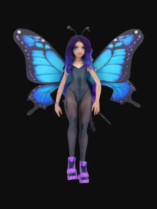 3D model for a female that has long black and purple hair with giant blue and teal butterfly wings. She is wearing a blank leotard and has on purple roller-skates