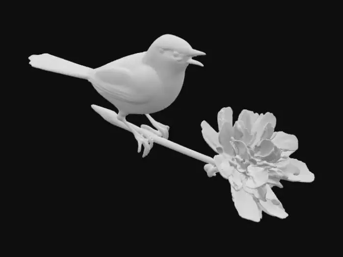 3D model for Hyper-realistic beautiful colorful song bird is chirping on a fully blossomed dogwood branch, high definition great detail to the feathers, the blossoms, and the variegated leaves of green #PBR#