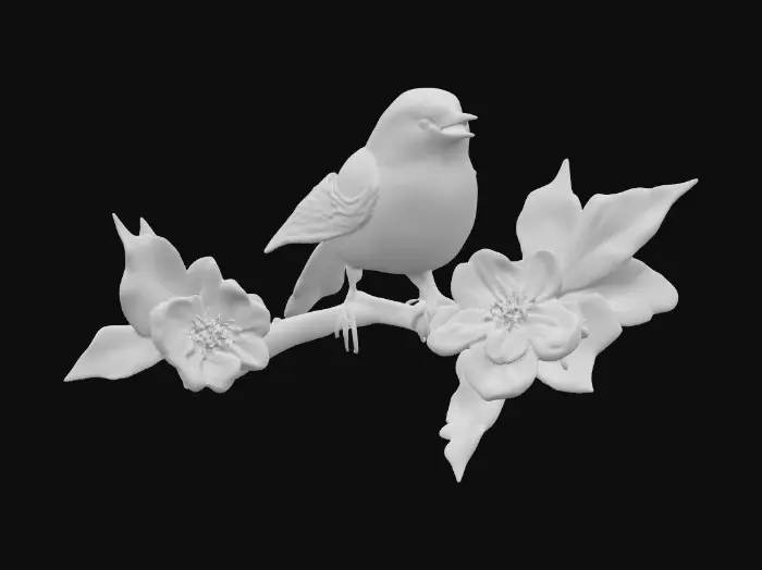 3D model for Hyper-realistic beautiful colorful song bird is chirping on a fully blossomed dogwood branch, high definition great detail to the feathers, the blossoms, and the variegated leaves of green #PBR#