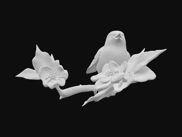 3D model for Hyper-realistic beautiful colorful song bird is chirping on a fully blossomed dogwood branch, high definition great detail to the feathers, the blossoms, and the variegated leaves of green #PBR#