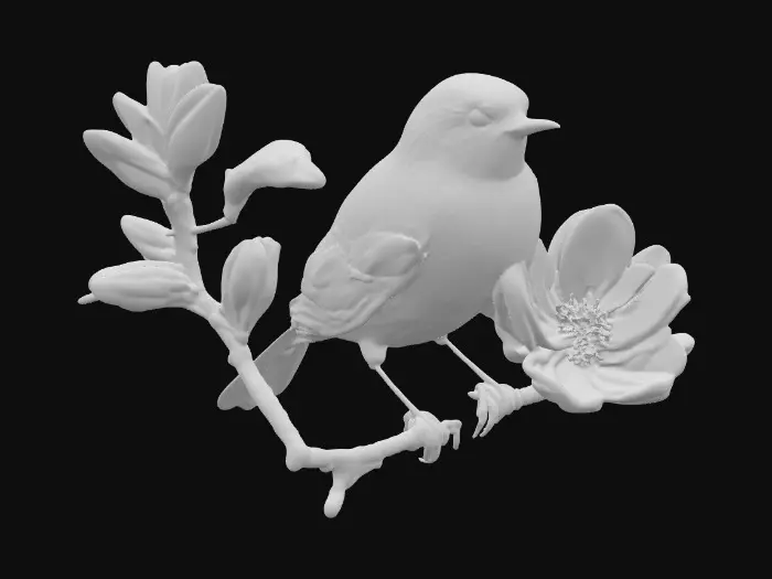 3D model for Hyper-realistic beautiful colorful song bird is chirping on a fully blossomed dogwood branch, high definition great detail to the feathers, the blossoms, and the variegated leaves of green #PBR#