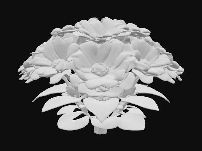 3D model for Small ground level trio of closely grouped five petal of magenta/pink/orange flowers with darkish ab green leaves 
#PBR# #PBR#, 