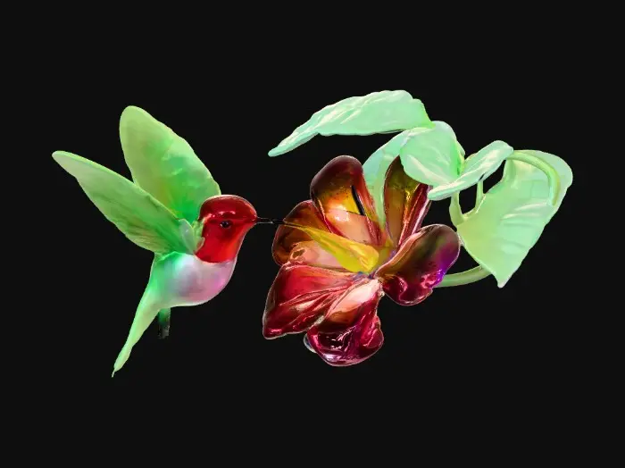 3D model for create a gorgeous glass hummingbird, #PBR#,  feeding at a beautiful glass trumpet flower with iridescencent glass dew drops and beautiful ab green glassy glass leaves