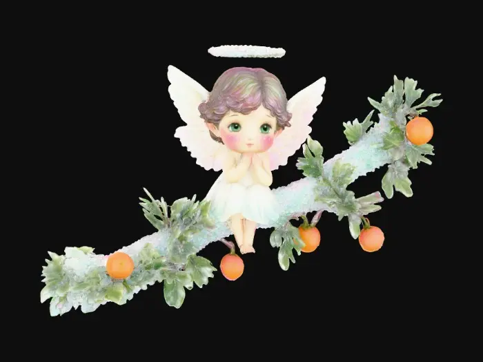 3D model for Medium shot. A beautiful angel perched on a frosted twig with a subtle halo. Pointillism style. Shimmering iridescent colors. Delicate border of entwined green ivy vines and frozen orange and pink & magenta berries. Delicate. Intricate.
, #PBR#