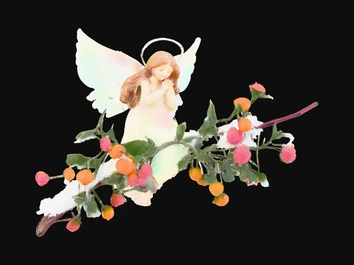3D model for Medium shot. A beautiful angel perched on a frosted twig with a subtle halo. Pointillism style. Shimmering iridescent colors. Delicate border of entwined green ivy vines and frozen orange and pink & magenta berries. Delicate. Intricate.
, #PBR#