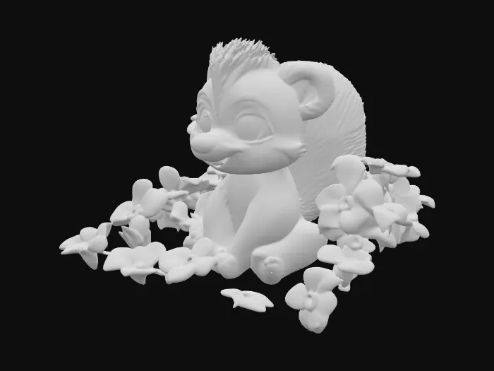 3D model for An adorable toy like skunk sitting in a patch of vibrant 5 petal flowers. 