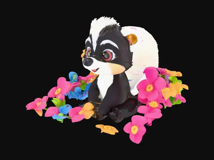 3D model for An adorable toy like skunk sitting in a patch of vibrant 5 petal flowers. 