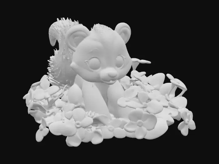 3D model for An adorable toy like skunk sitting in a patch of vibrant 5 petal flowers. 
