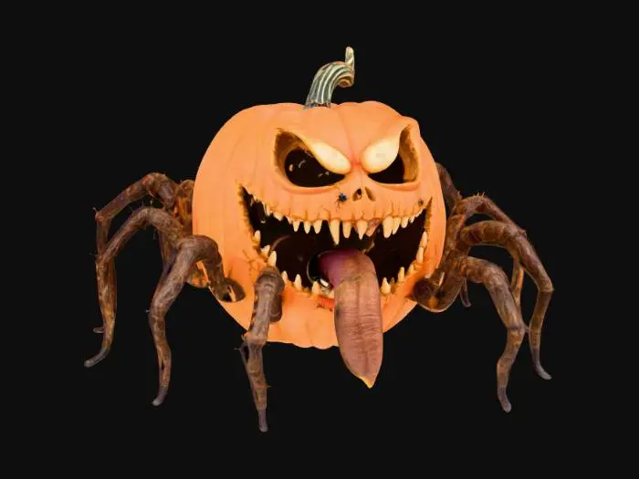 3D model for Scary gothic halloween pumpkin with 8 hairy spider legs and a long twisted tongue. Hugh scary grin