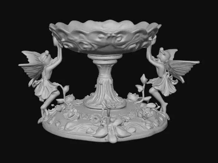 3D model for A pedestal comprised of small fairies that are holding a bowl shapped base above their heads. The complete design is on a 3 inch round base. Victorian, Extravagant, elaborately embossed design. A masterpiece of art nouveau, lush botanicals are interwoven into the design