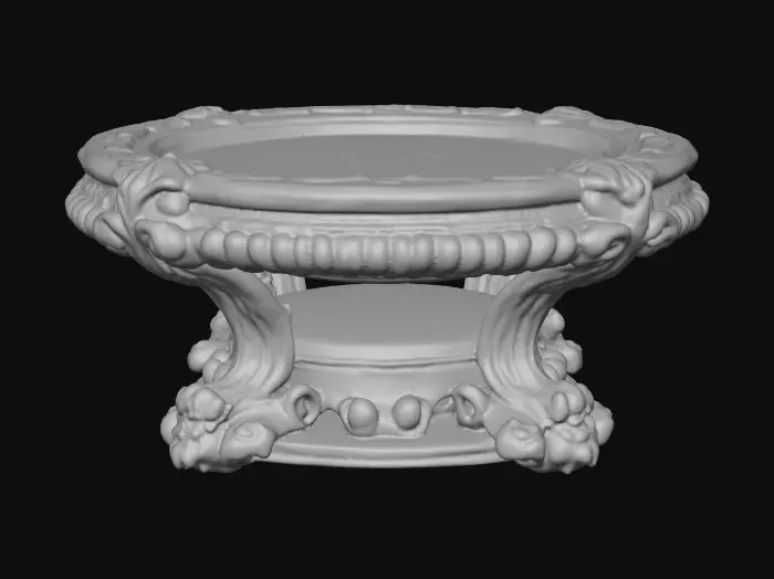 3D model for Very Ornate, round , Pedestal, small indentation in the center of the top surface. flowers with vines, early French Rocco influences, full colors, Vintage gold #Thanksgiving#