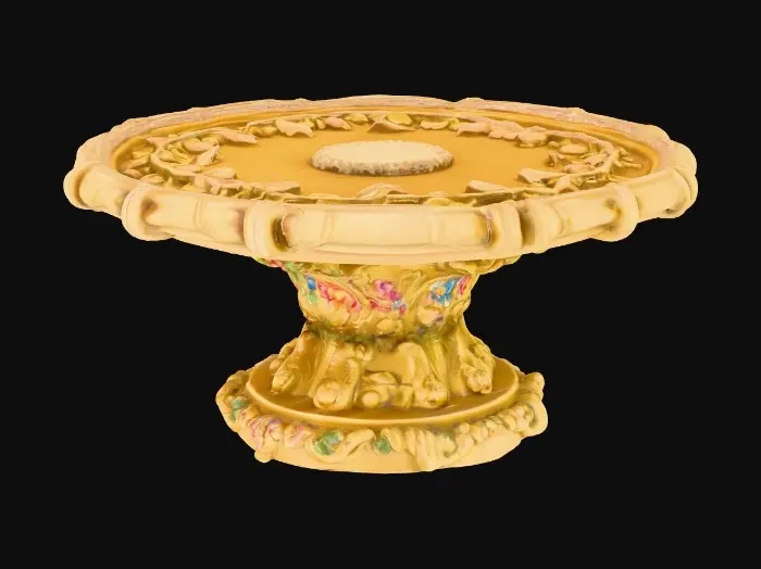 3D model for Very Ornate, round , Pedestal, small indentation in the center of the top surface. flowers with vines, early French Rocco influences, full colors, Vintage gold #Thanksgiving#