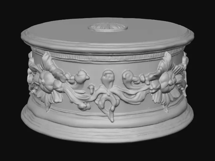 3D model for Very Ornate, round , Pedestal, small indentation in the center of the top surface. flowers with vines, early French Rocco influences, full colors, Vintage gold #Thanksgiving#