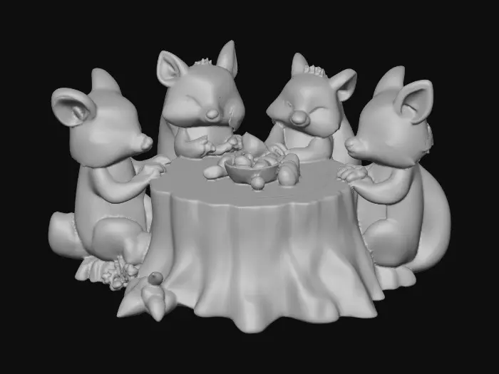 3D model for A 3D image of chibi-style woodland creatures sitting around a tree stump made into a table, sharing a meal of nuts and berries, all facing the camera, cute features, highly detailed, highly stylized, bold and thick details optimized for 3D printing. Bright colors. White background., #Thanksgiving#