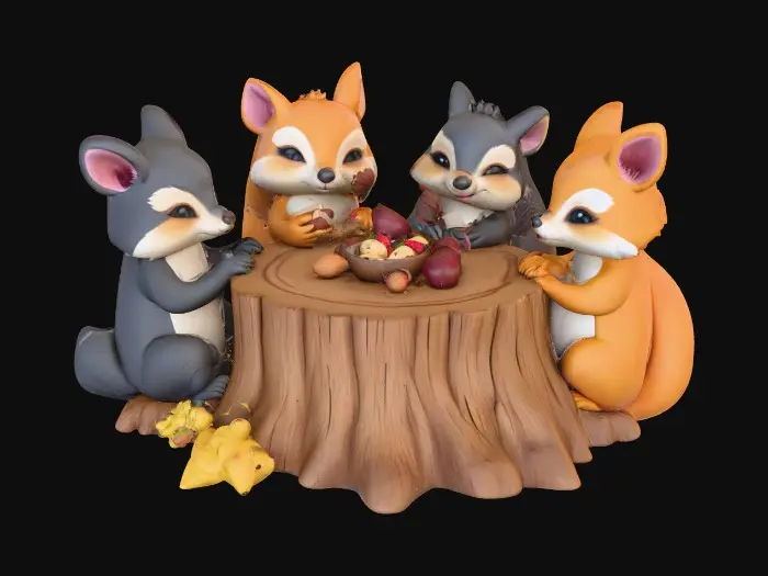3D model for A 3D image of chibi-style woodland creatures sitting around a tree stump made into a table, sharing a meal of nuts and berries, all facing the camera, cute features, highly detailed, highly stylized, bold and thick details optimized for 3D printing. Bright colors. White background., #Thanksgiving#