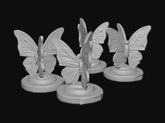 3D model for Three identical, beautifully colored ceramic butterflies, embossed and evenly spaced, and equal height stand wing to wing forming one circular pedestal on a round ceramic base. Vibrant, detailed, and intricate design reminiscent of the ornate designs of Alphonse Mucha and William Morris suitable to be used as an orb stand.