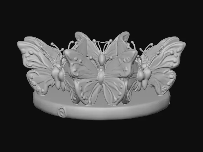 3D model for Three identical, beautifully colored ceramic butterflies, embossed and evenly spaced, and equal height stand wing to wing forming a circular stand on a round ceramic base. Vibrant, detailed, and intricate design reminiscent of the ornate designs of Alphonse Mucha and William Morris