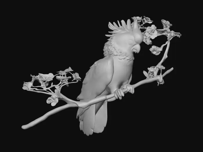 3D model for A precious baby Cockatoo with detailed feather texture is perched on a tree branch adorned with vibrant yellow blossoms. An arching branch extends gracefully above the bird, creating a natural frame.
