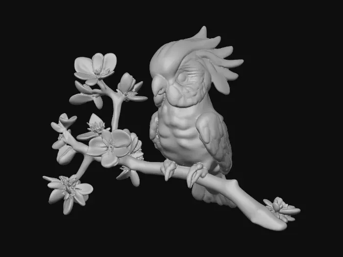 3D model for A precious baby Cockatoo with detailed feather texture is perched on a tree branch adorned with vibrant yellow blossoms. An arching branch extends gracefully above the bird, creating a natural frame.