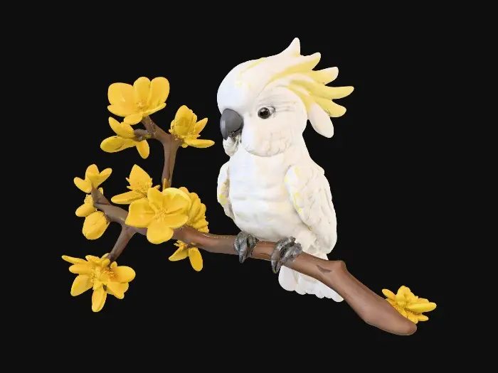 3D model for A precious baby Cockatoo with detailed feather texture is perched on a tree branch adorned with vibrant yellow blossoms. An arching branch extends gracefully above the bird, creating a natural frame.