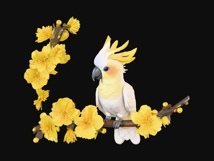 3D model for A precious baby Cockatoo with detailed feather texture is perched on a tree branch adorned with vibrant yellow blossoms. An arching branch extends gracefully above the bird, creating a natural frame.