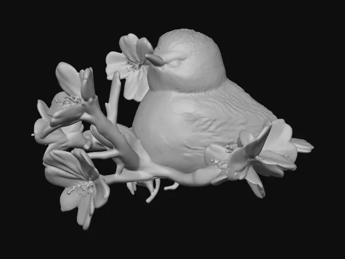 3D model for A precious baby bird with detailed feather texture is perched on a tree branch adorned with vibrant blossoms. An arching branch extends gracefully above the bird, creating a natural frame. Vibrant colors.