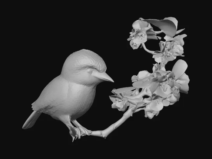 3D model for A precious baby bird with detailed feather texture is perched on a tree branch adorned with vibrant blossoms. An arching branch extends gracefully above the bird, creating a natural frame. Vibrant colors.