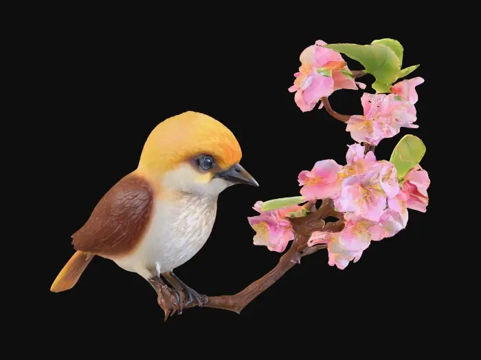3D model for A precious baby bird with detailed feather texture is perched on a tree branch adorned with vibrant blossoms. An arching branch extends gracefully above the bird, creating a natural frame. Vibrant colors.