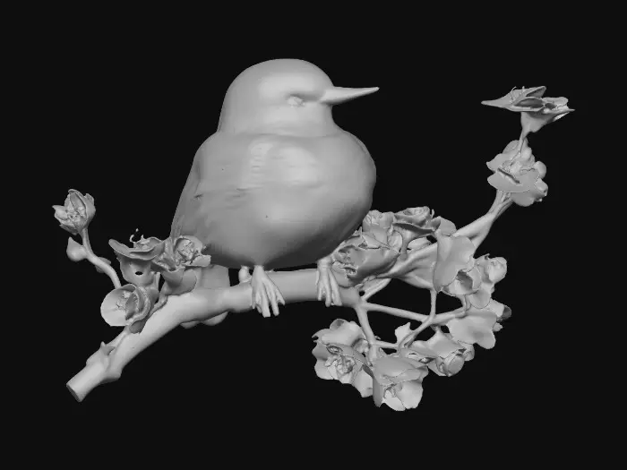 3D model for A precious baby bird with detailed feather texture is perched on a tree branch adorned with vibrant blossoms. An arching branch extends gracefully above the bird, creating a natural frame. Vibrant colors.