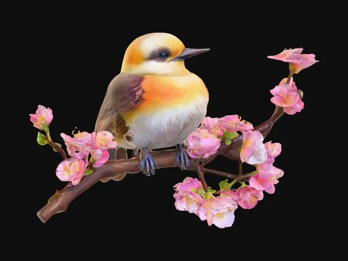 3D model for A precious baby bird with detailed feather texture is perched on a tree branch adorned with vibrant blossoms. An arching branch extends gracefully above the bird, creating a natural frame. Vibrant colors.