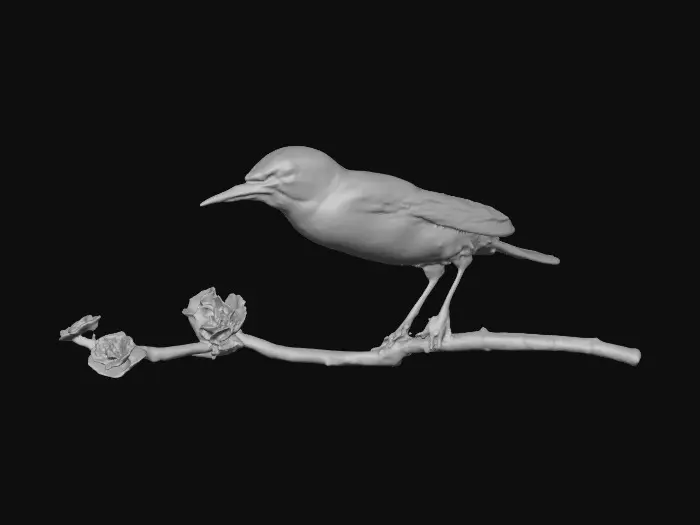 3D model for A precious baby bird with detailed feather texture is perched on a tree branch adorned with vibrant blossoms. An arching branch extends gracefully above the bird, creating a natural frame. Vibrant colors.