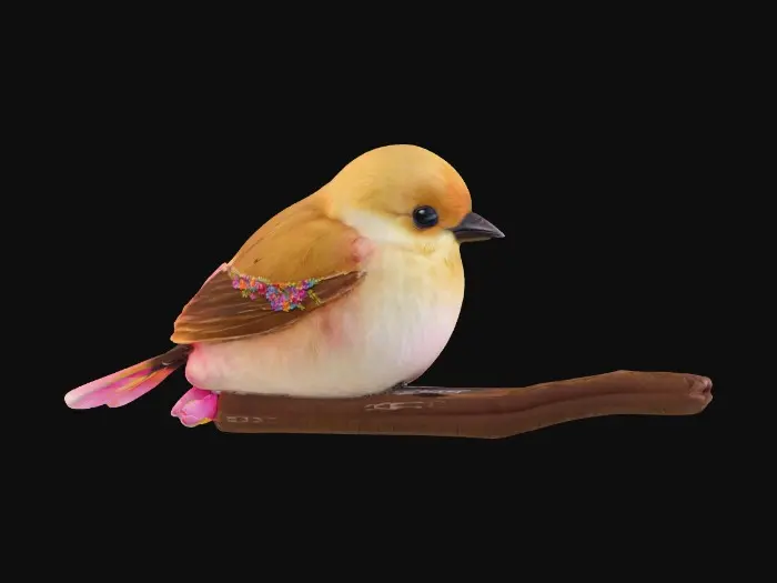 3D model for A precious baby bird with detailed feather texture is perched on a tree branch adorned with vibrant blossoms. An arching branch extends gracefully above the bird, creating a natural frame. Vibrant colors.