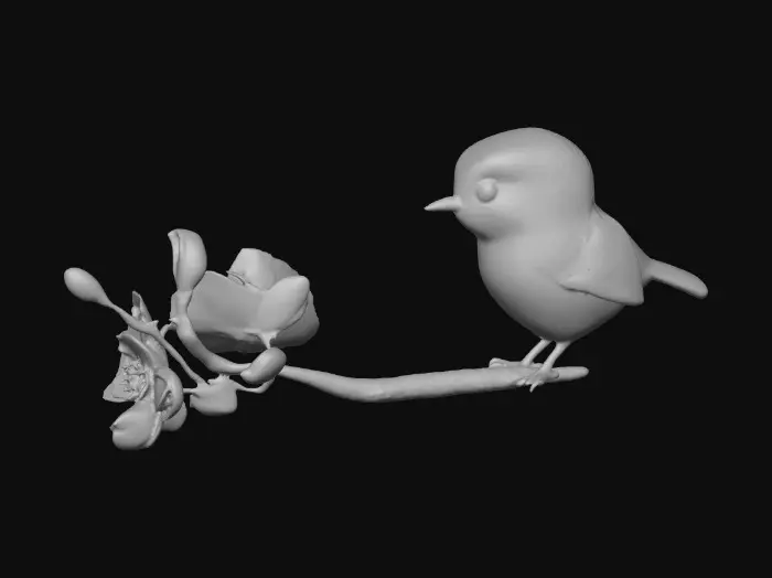 3D model for A precious baby bird with detailed feather texture is perched on a tree branch adorned with vibrant blossoms. An arching branch extends gracefully above the bird, creating a natural frame. Vibrant colors.